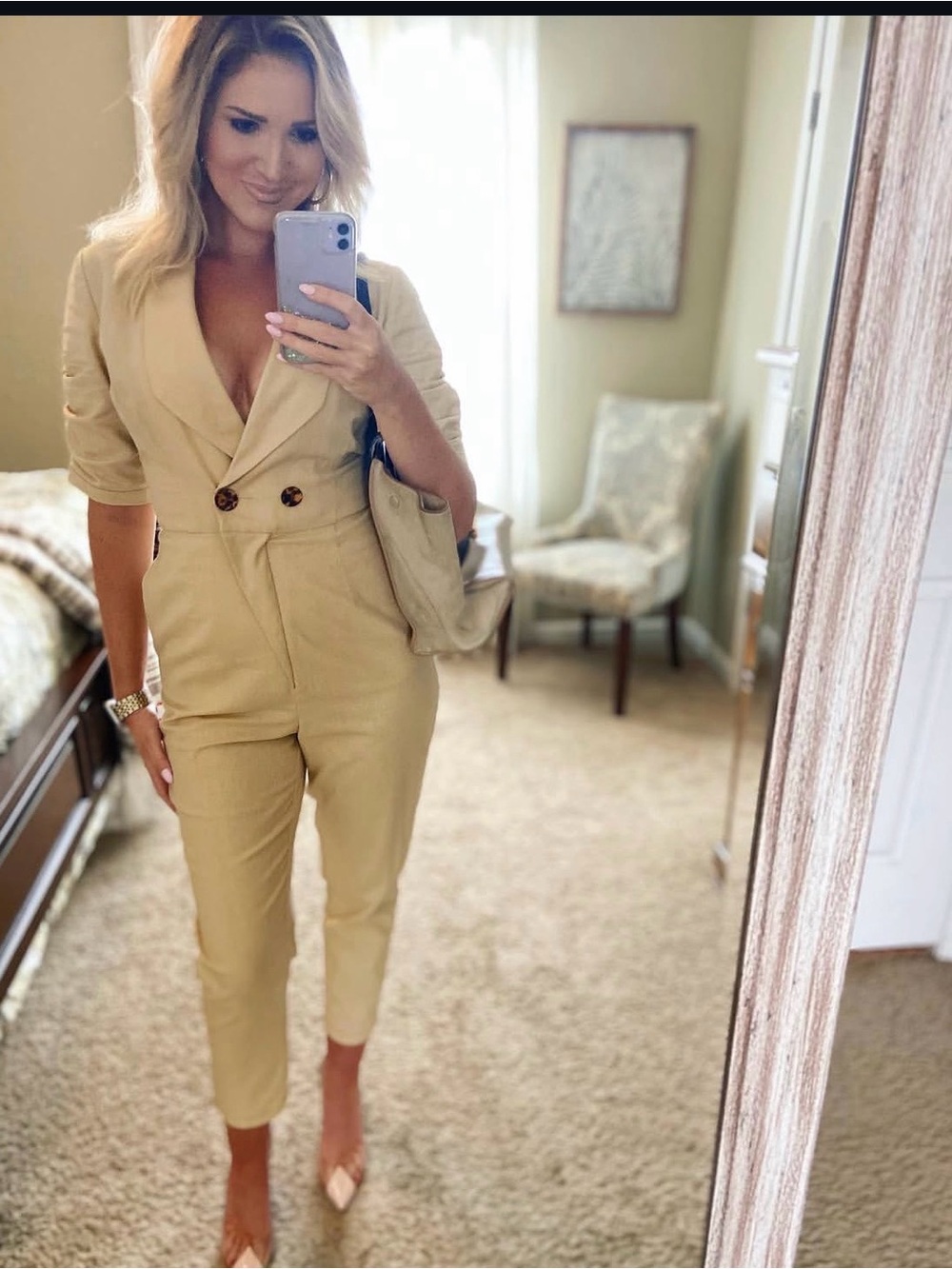 Finders Keepers Neutral Beige Double-Breasted Tailored Jumpsuit